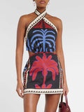 Halter Neck Palm Tree Print Side Cutout Border Trim Mini Dress