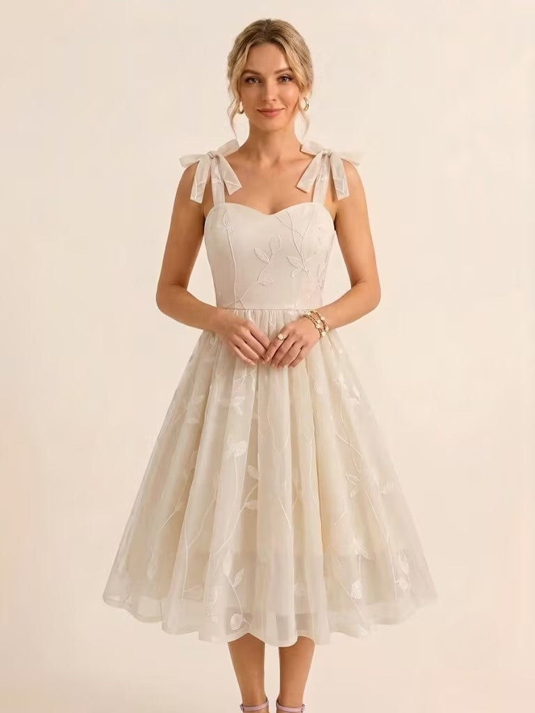Floral Embroidery 1950s Vintage Midi Dress For Women - Cottagecore Tie Shoulder A-Line Sundress - Summer Wedding Guest 2026