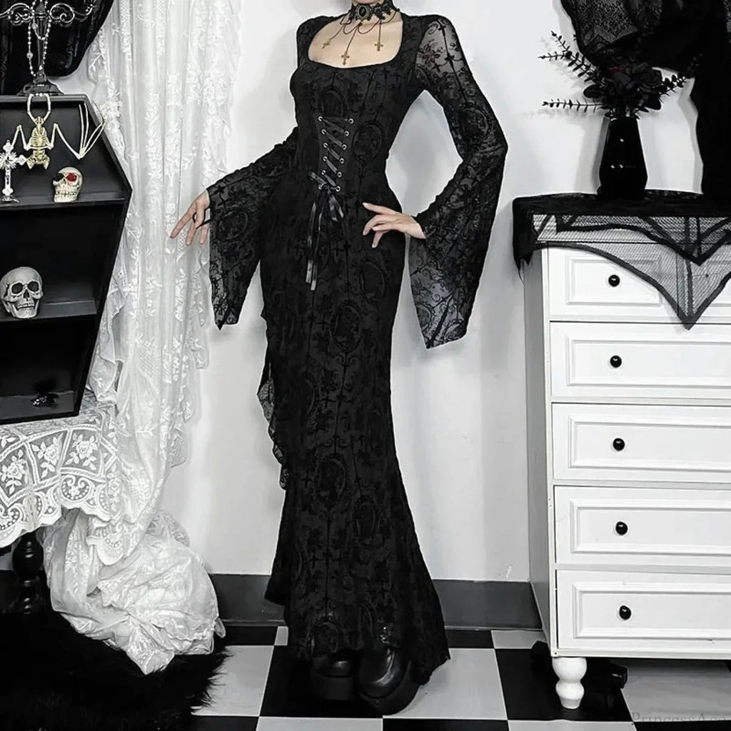 Quadrilateral Neck Corset Flare Full-Length Dress