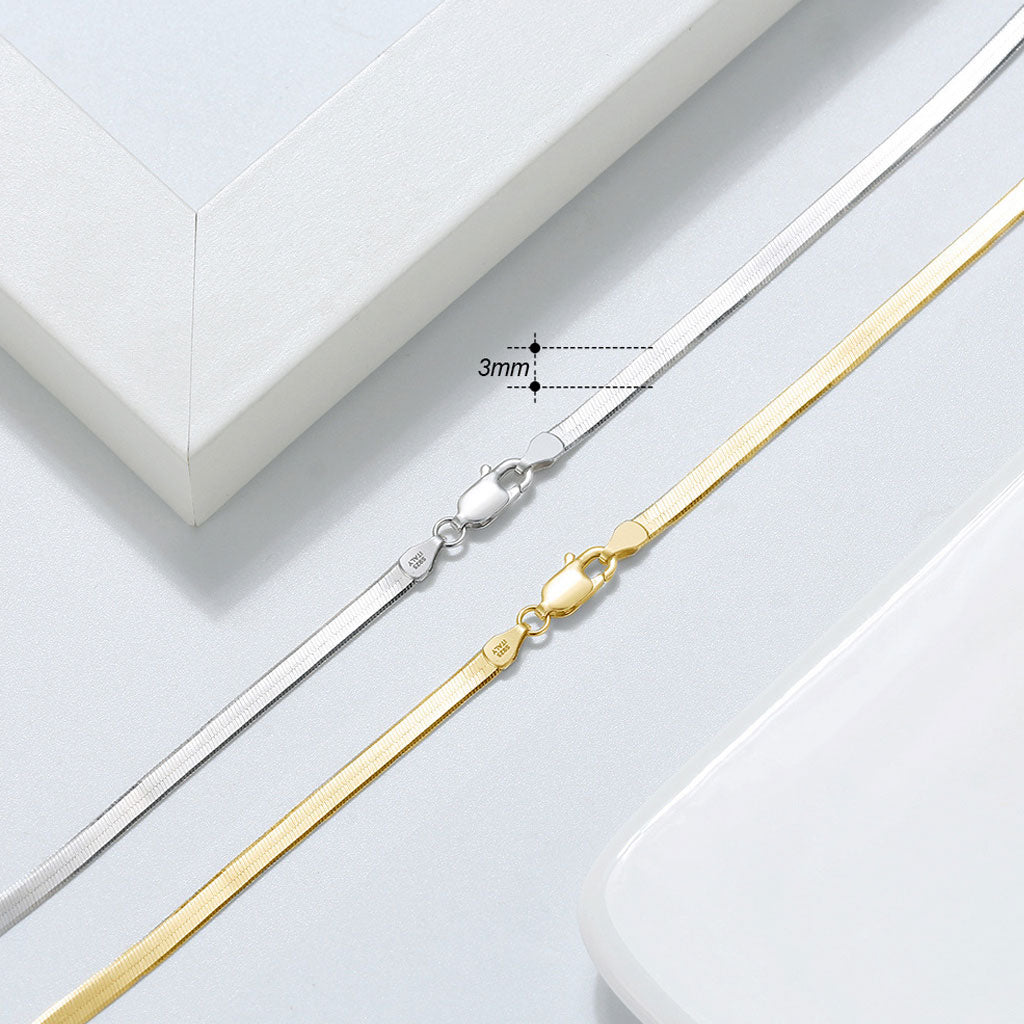 Sided Snake Flat Chain Necklace in Sterling Silver 3MM