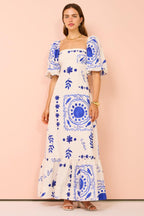 Mediterranean Graphic Print Square Neck Puff Sleeve Tiered Ruffle Hem Maxi Dress