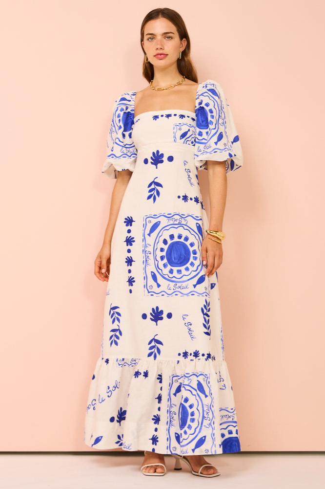 Mediterranean Graphic Print Square Neck Puff Sleeve Tiered Ruffle Hem Maxi Dress
