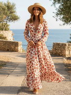 Long Sleeve Floral Maxi Gown - Pink Boho Flowy V Neck Ruffle Dress - Spring Holiday Beach 2026