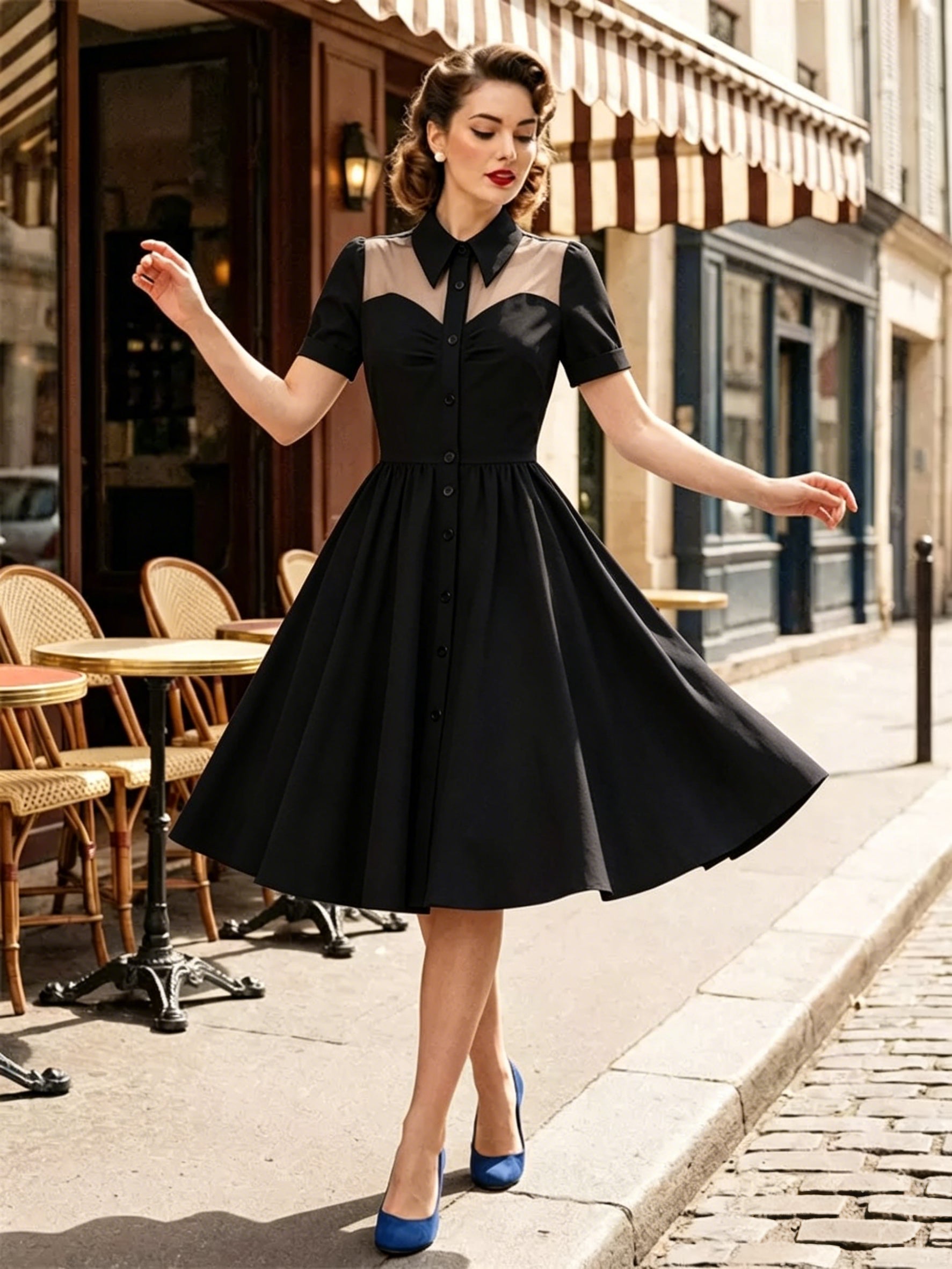 Women's 1950s Vintage Swing Dress Mesh Contrast Collar Button Front Midi Dress