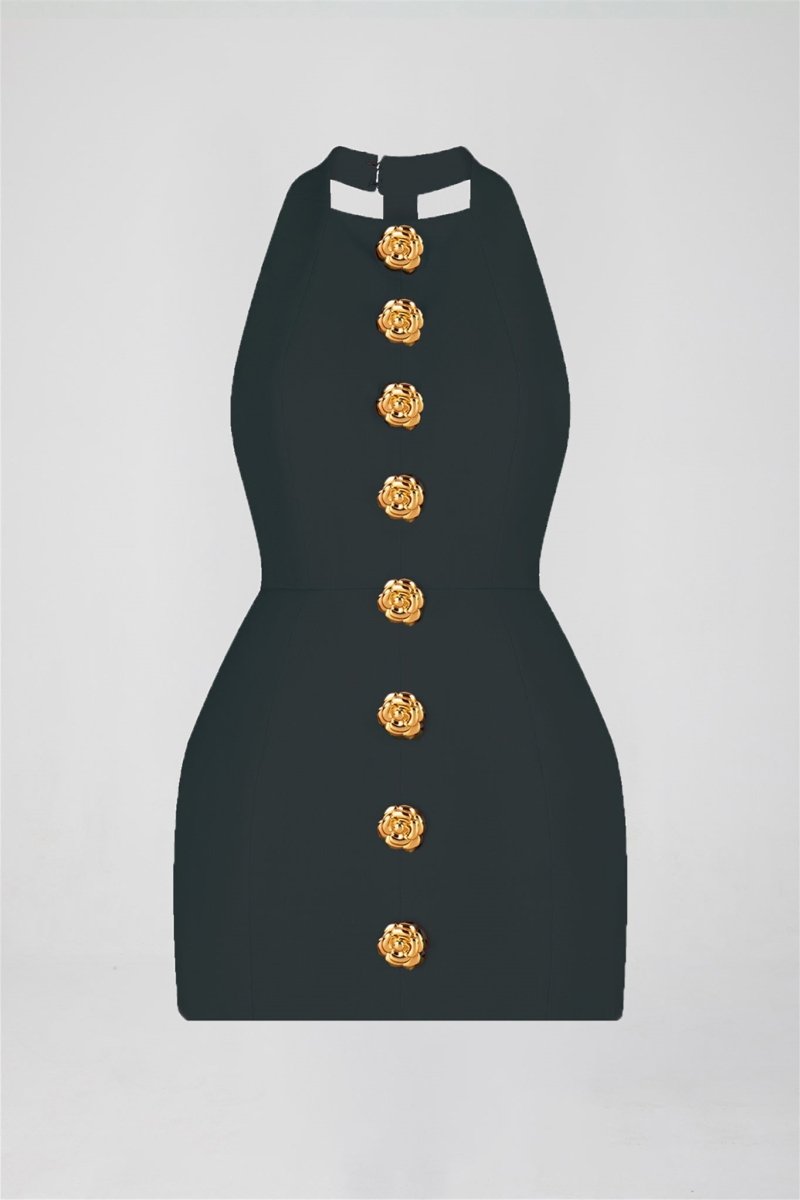 Square Neck Ornate Button Front Princess Seam Bodycon Mini Dress