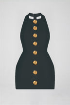 Square Neck Ornate Button Front Princess Seam Bodycon Mini Dress