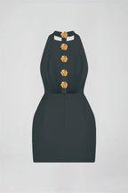 Square Neck Ornate Button Front Princess Seam Bodycon Mini Dress