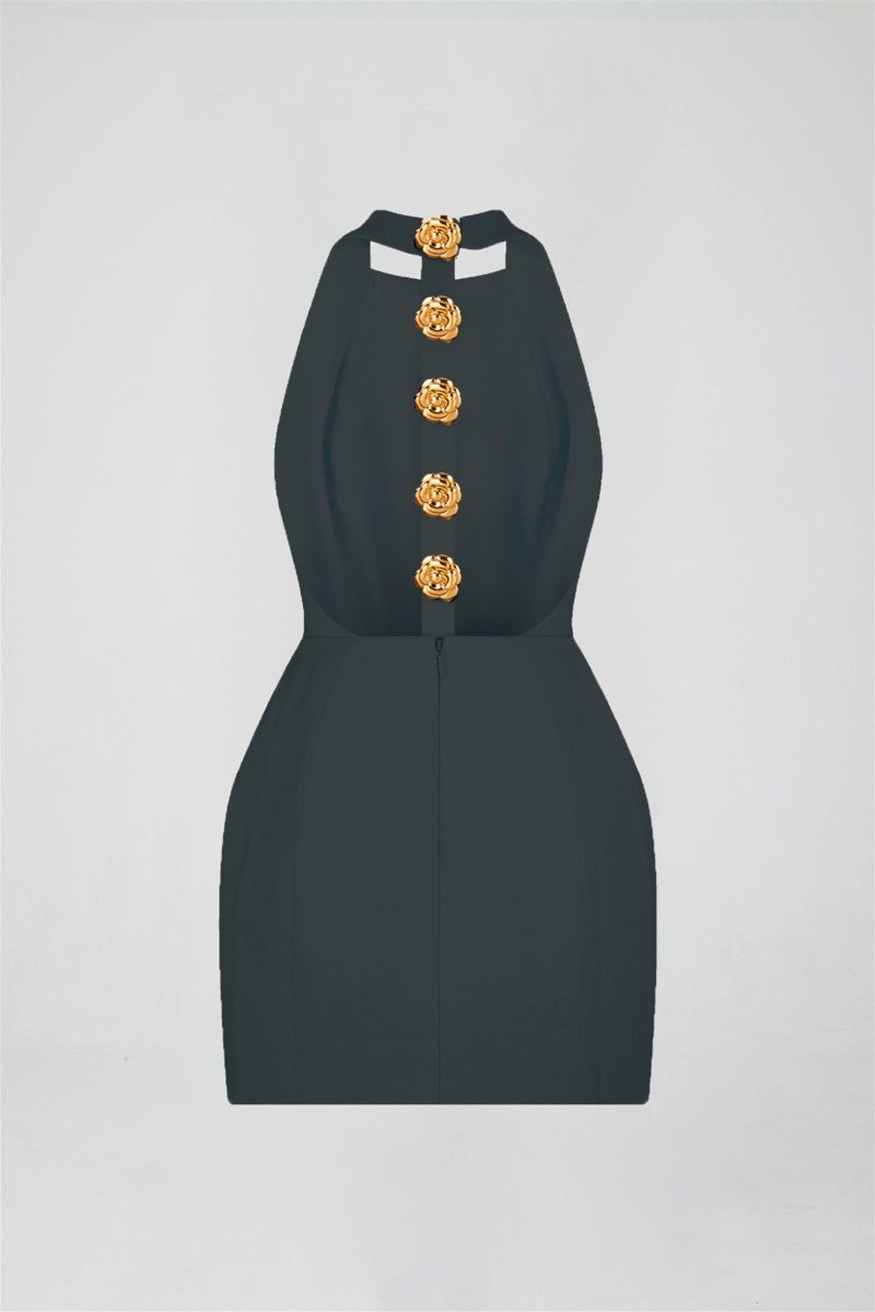 Square Neck Ornate Button Front Princess Seam Bodycon Mini Dress