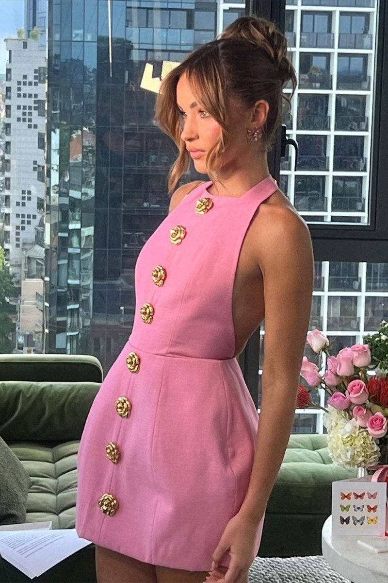 Square Neck Ornate Button Front Princess Seam Bodycon Mini Dress