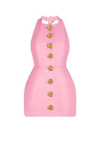 Square Neck Ornate Button Front Princess Seam Bodycon Mini Dress