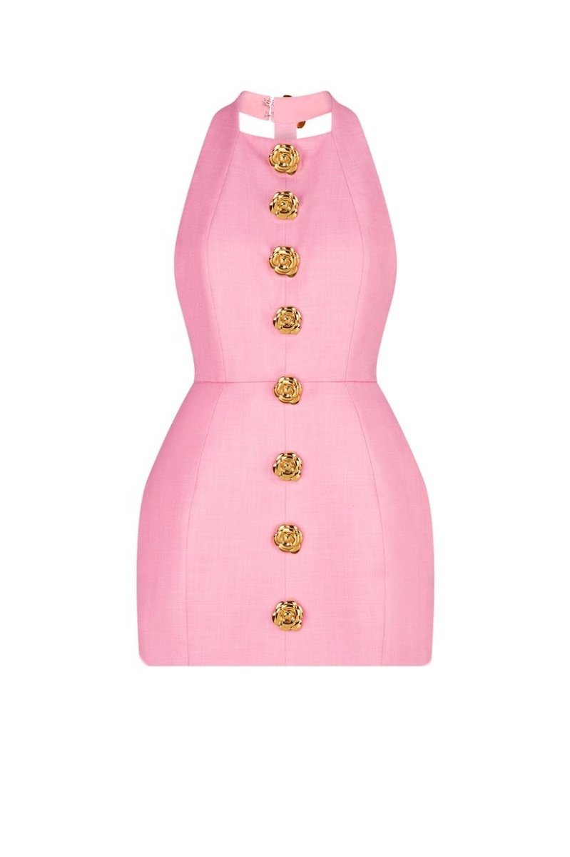 Square Neck Ornate Button Front Princess Seam Bodycon Mini Dress