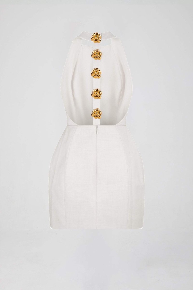 Square Neck Ornate Button Front Princess Seam Bodycon Mini Dress