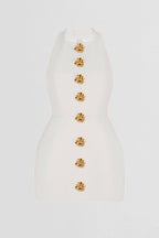 Square Neck Ornate Button Front Princess Seam Bodycon Mini Dress