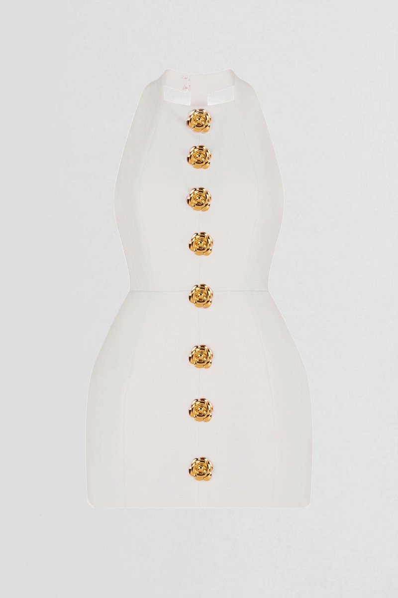 Square Neck Ornate Button Front Princess Seam Bodycon Mini Dress