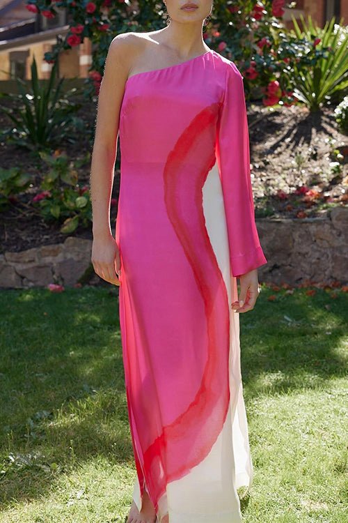 Satin One Shoulder Bell Sleeve Abstract Print High Split Maxi Dress