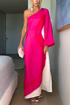 Satin One Shoulder Bell Sleeve Abstract Print High Split Maxi Dress