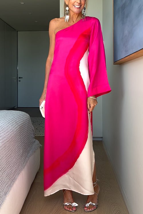 Satin One Shoulder Bell Sleeve Abstract Print High Split Maxi Dress