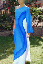 Satin One Shoulder Bell Sleeve Abstract Print High Split Maxi Dress