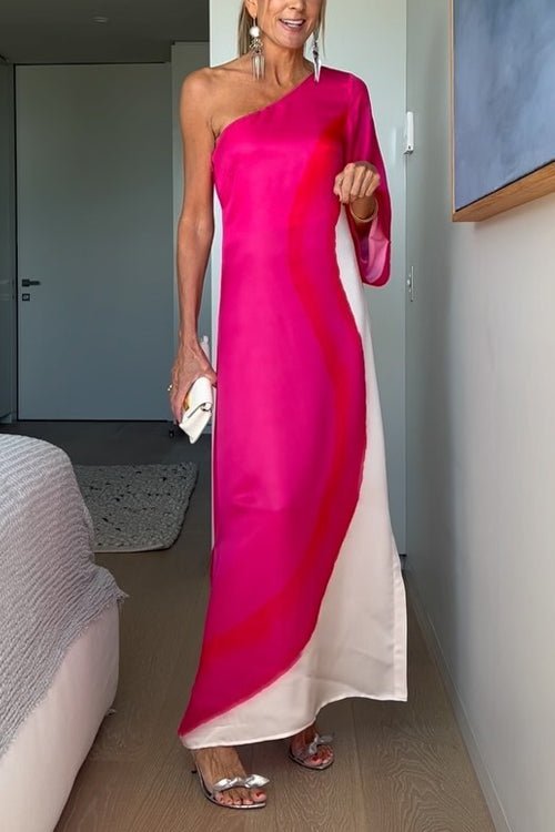 Satin One Shoulder Bell Sleeve Abstract Print High Split Maxi Dress