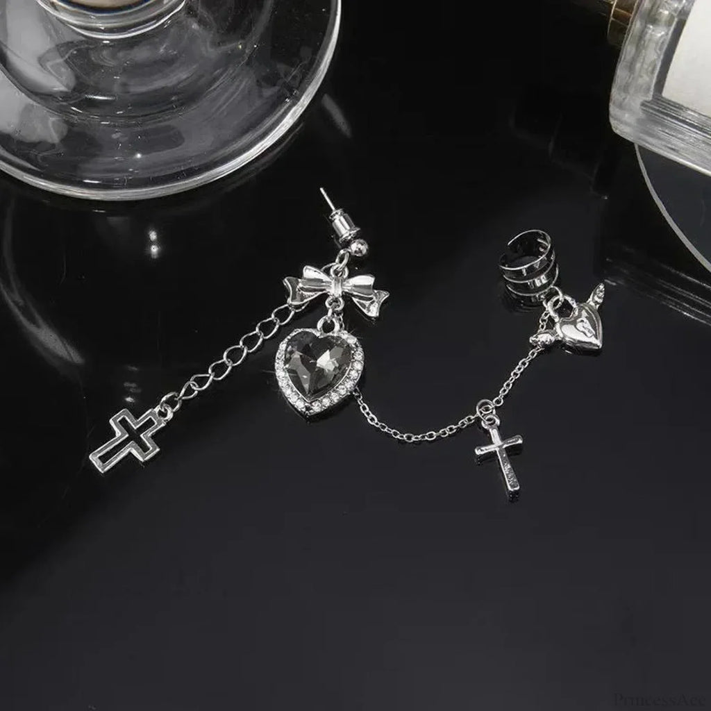 Rebel Antique Metal Cross Dark Heart Earring