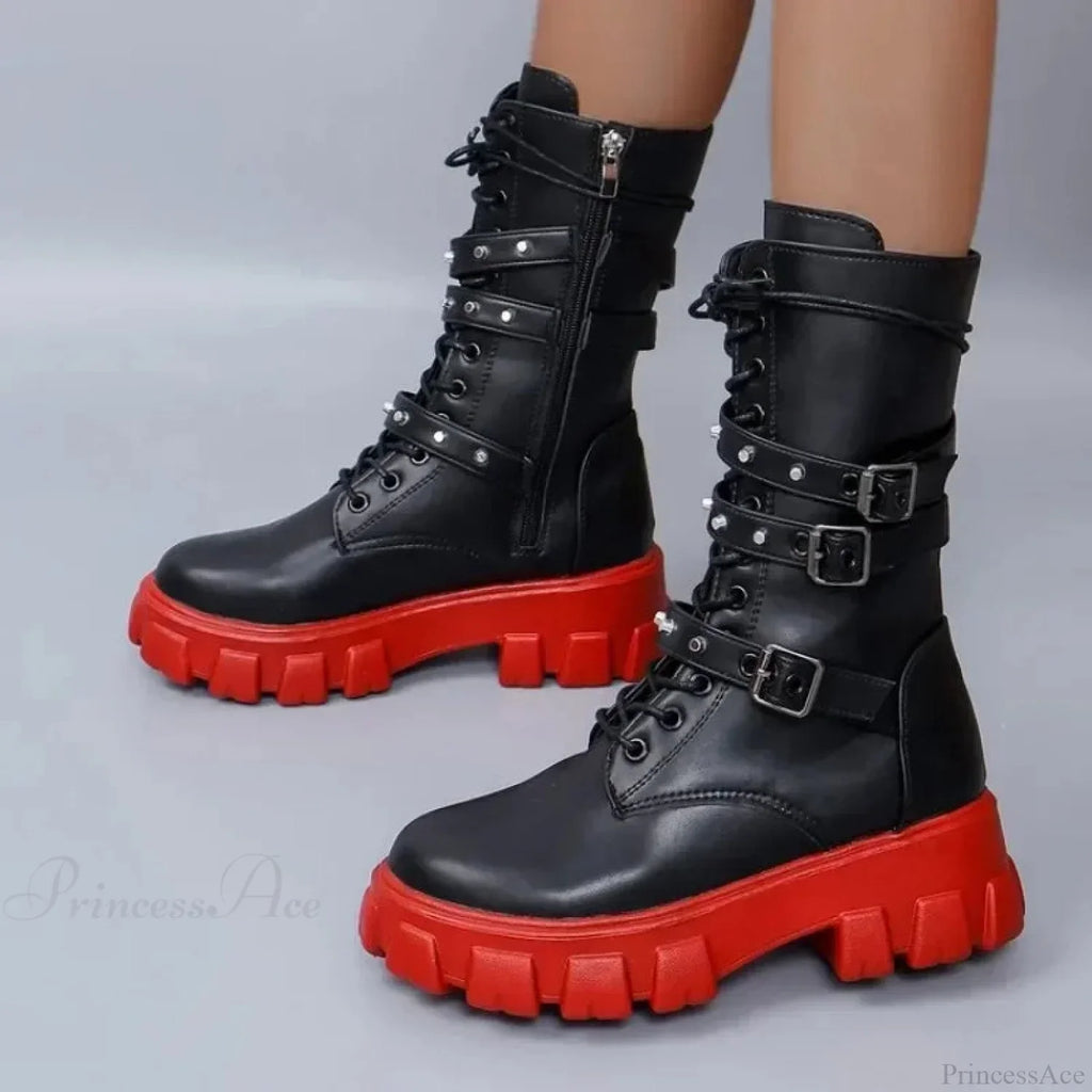 Rebellious Fastener Motorbike Mid-Calf Dark Boot