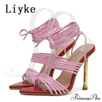 Red Blue Thin High Heels Sandals Size 35-42 Pointed Toe Snake Print Lace Up Shoes Female Pumps Summer Fashion