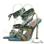 Red Blue Thin High Heels Sandals Size 35-42 Pointed Toe Snake Print Lace Up Shoes Female Pumps Summer Fashion