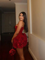 Red Fishbone Bandage 3D Flower Mini Party Dress