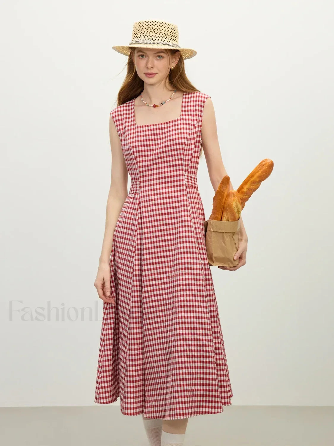 Red White Plaid Sash Midi Dress