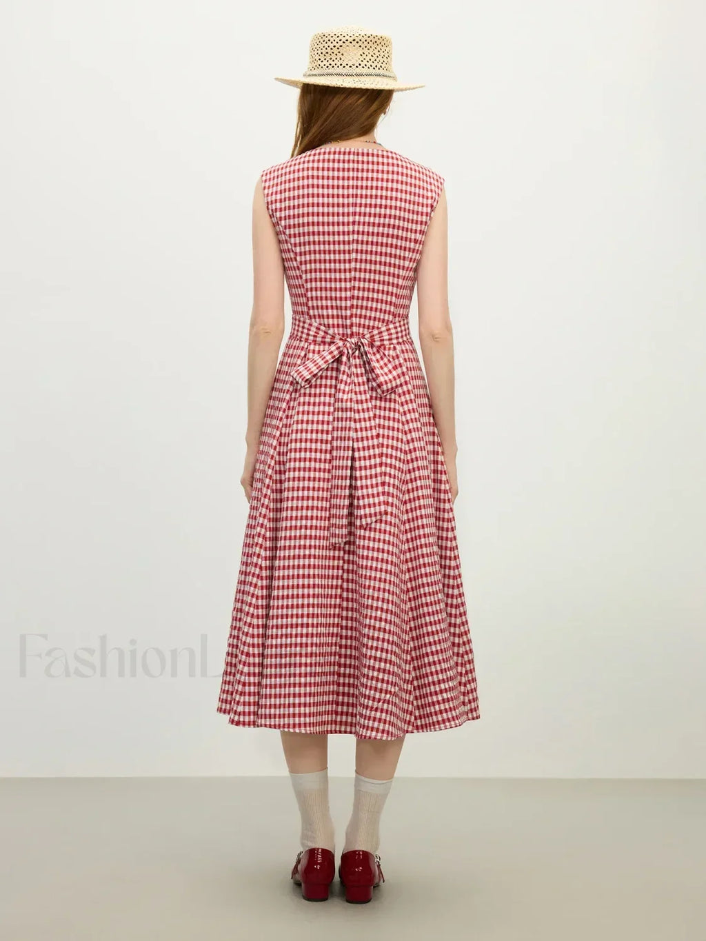 Red White Plaid Sash Midi Dress
