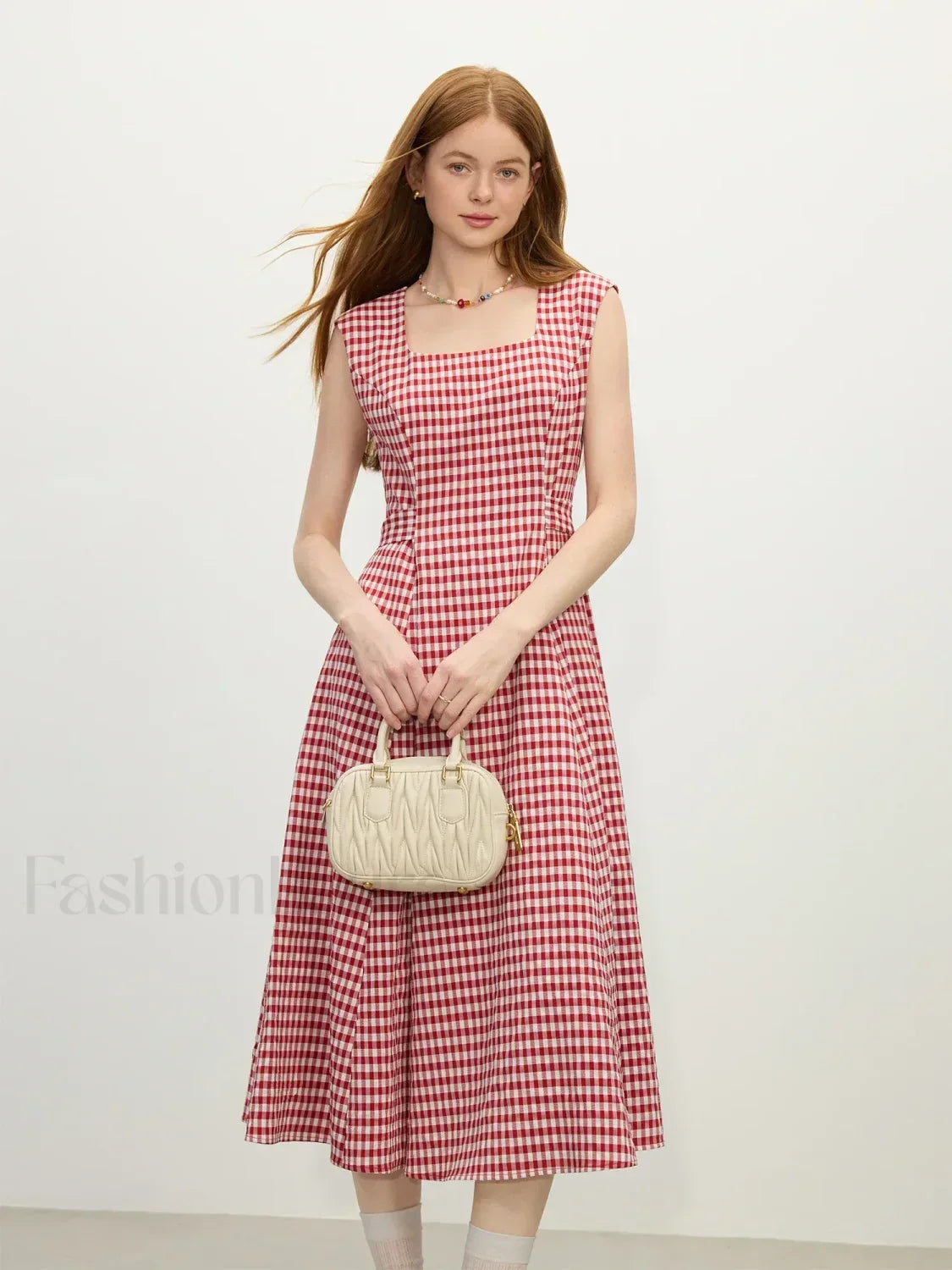 Red White Plaid Sash Midi Dress
