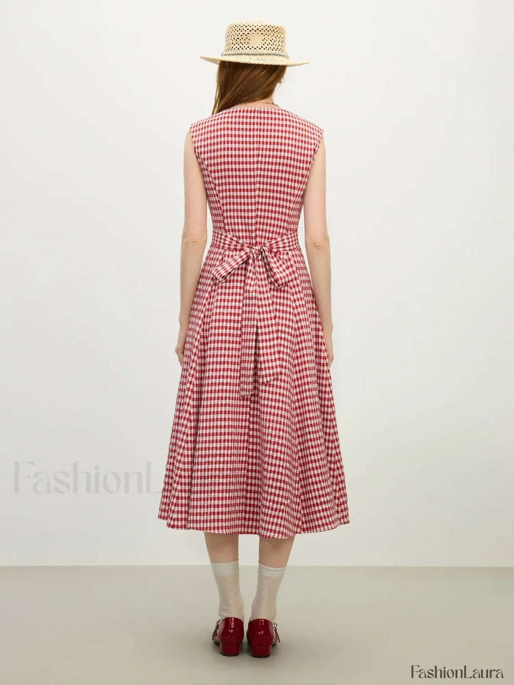 Red White Plaid Sash Midi Dress