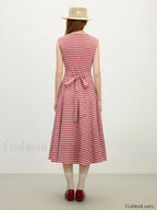 Red White Plaid Sash Midi Dress