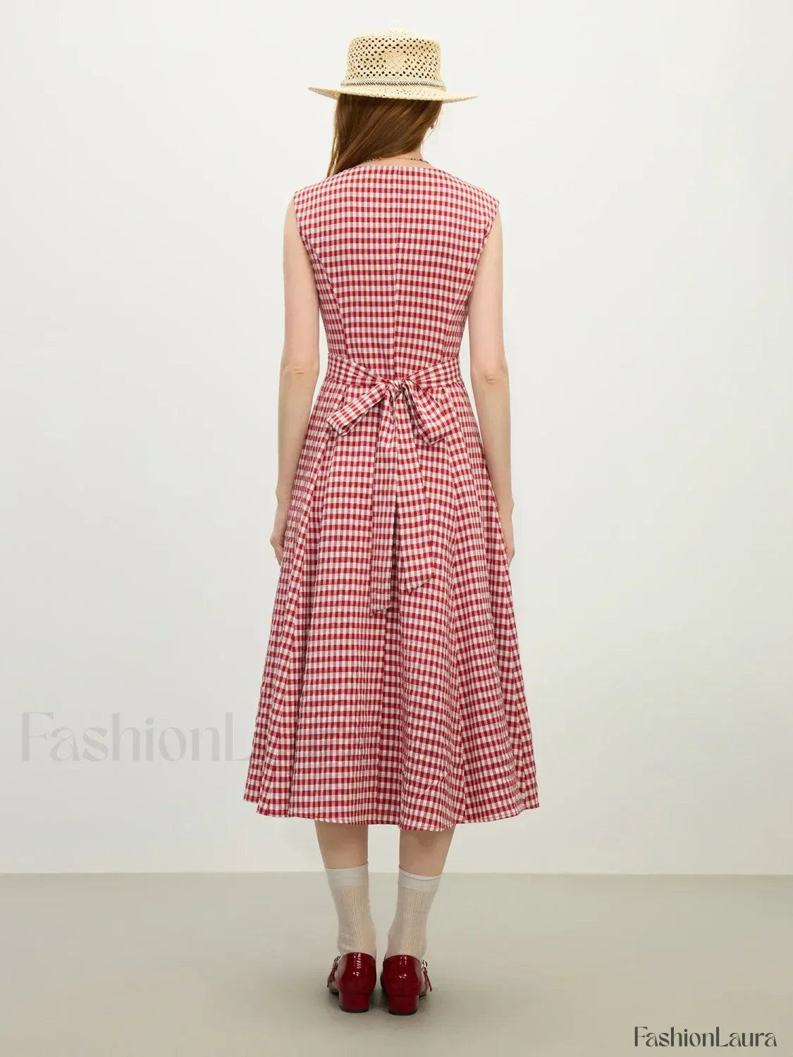 Red White Plaid Sash Midi Dress