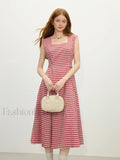 Red White Plaid Sash Midi Dress