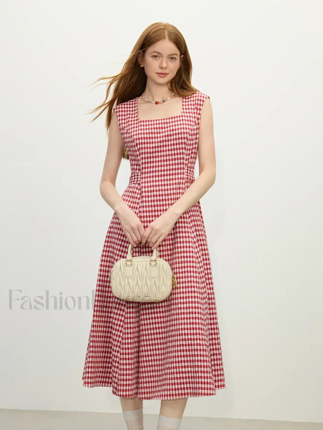 Red White Plaid Sash Midi Dress