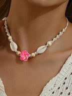 Red Shell Choker Necklace in Boho Style with Rose