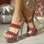 Red Sexy 15CM Transparent Slippers Open Toe Sequined Platform Party Stripper High Heel
