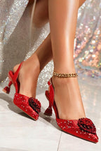 Pointed Rhinestone High Heels With Bow Hand Bag