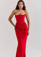 Strapless Peaked Corset Bodice Side Ruched Satin Column Maxi Gown