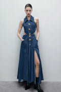 Raquel Premium Maxi Denim Dress with Lapel Collar and Cut Outs Chic Silhouette Collection
