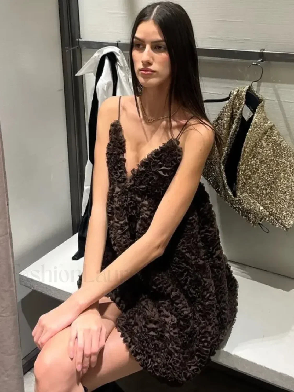 Brown 3D Floral Backless Slip Dress High Waisted Halter Floral Dress
