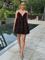 Brown 3D Floral Backless Slip Dress High Waisted Halter Floral Dress