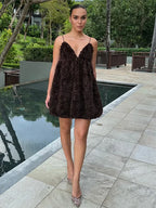 Brown 3D Floral Backless Slip Dress High Waisted Halter Floral Dress