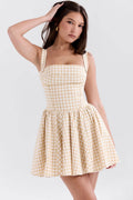 Gingham Square Neck Corset Bodice Gathered Skater Mini Dress