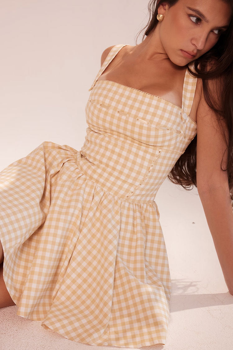 Gingham Square Neck Corset Bodice Gathered Skater Mini Dress