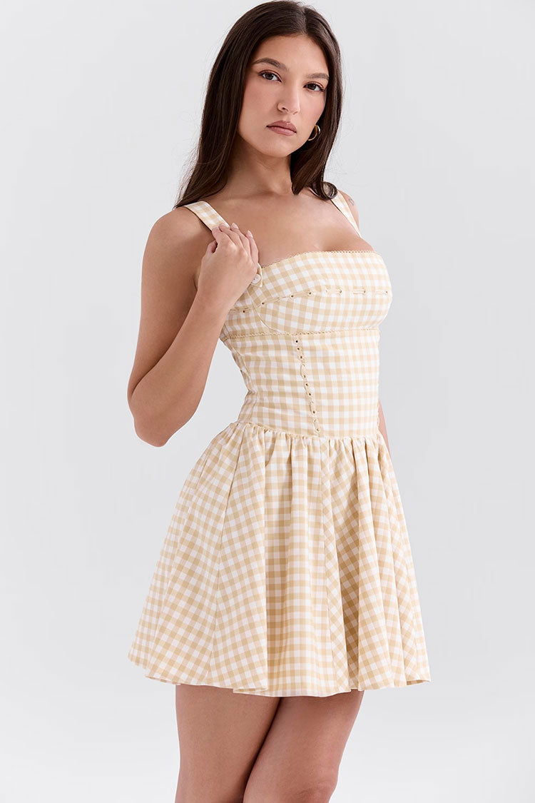 Gingham Square Neck Corset Bodice Gathered Skater Mini Dress
