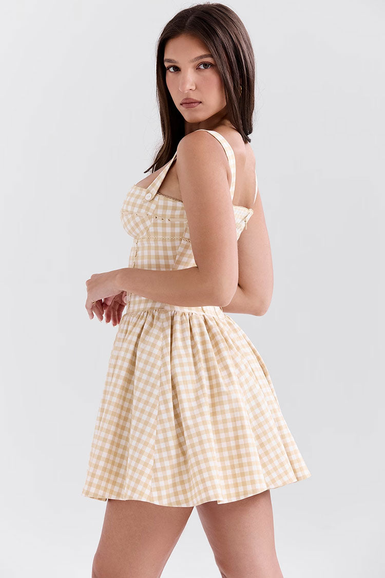 Gingham Square Neck Corset Bodice Gathered Skater Mini Dress