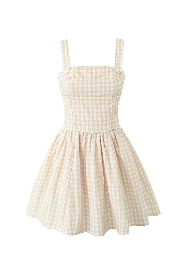 Gingham Square Neck Corset Bodice Gathered Skater Mini Dress