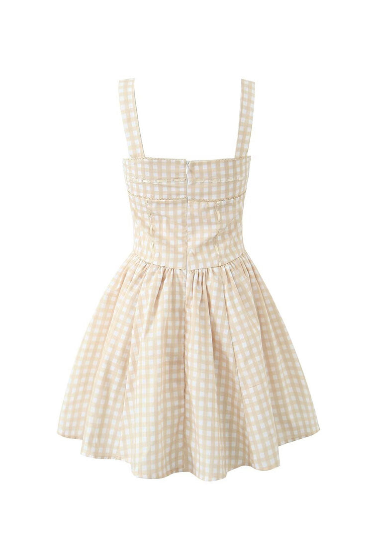 Gingham Square Neck Corset Bodice Gathered Skater Mini Dress